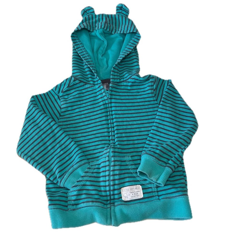 Carter's Baby Bear Ears Zip Hoodie Aqua/Teal Gray Stripes Unisex Sz 24M